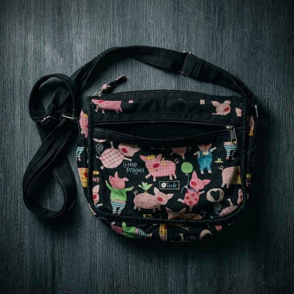Three Little Pigs Handbags - Little Piggies Womens Black Canvas Crossbody Bag Whimsical Archival Statement